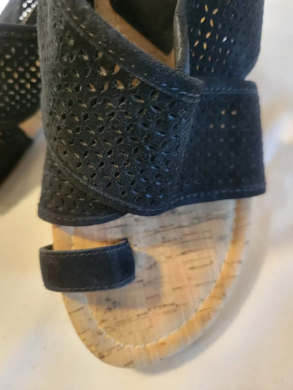 Donald J Pliner Black Suede Cork Wedge Sandals Toe Loop Size (Estimated Size 8M)